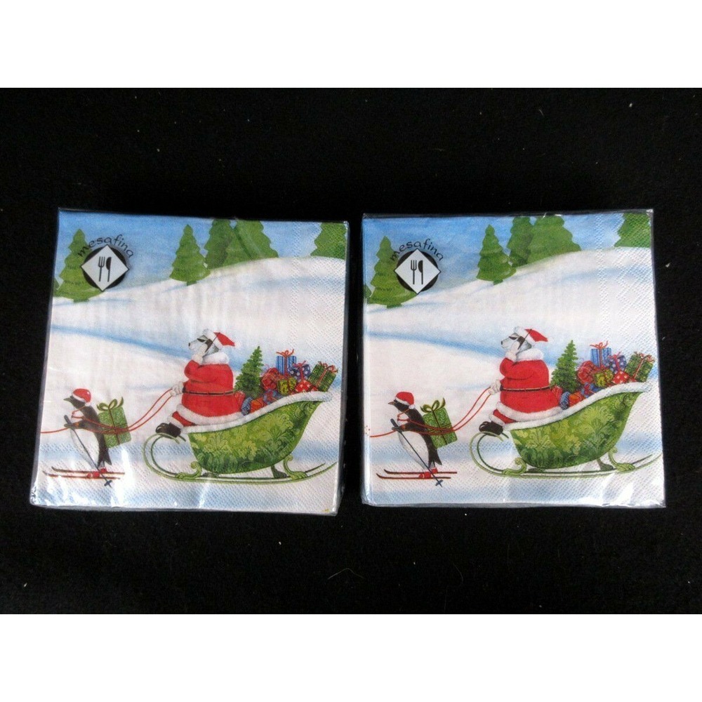 Sled Penguins 2 Pack 20 3-ply Christmas Beverage Napkins Santa Sleigh New